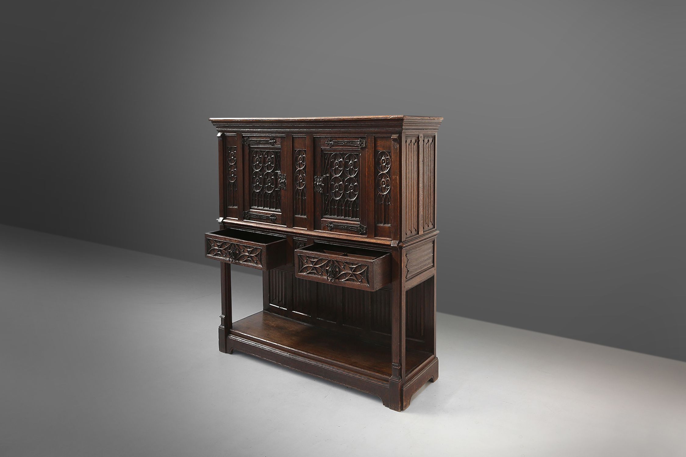 Neo-gothic cabinet in oak with concealed storage and rich decorations, France, 1850sthumbnail